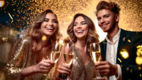 Lachende junge Menschen die mit Sekt und Wunderkerzen zusammen anstoßen, feiern und viel Freunde haben.